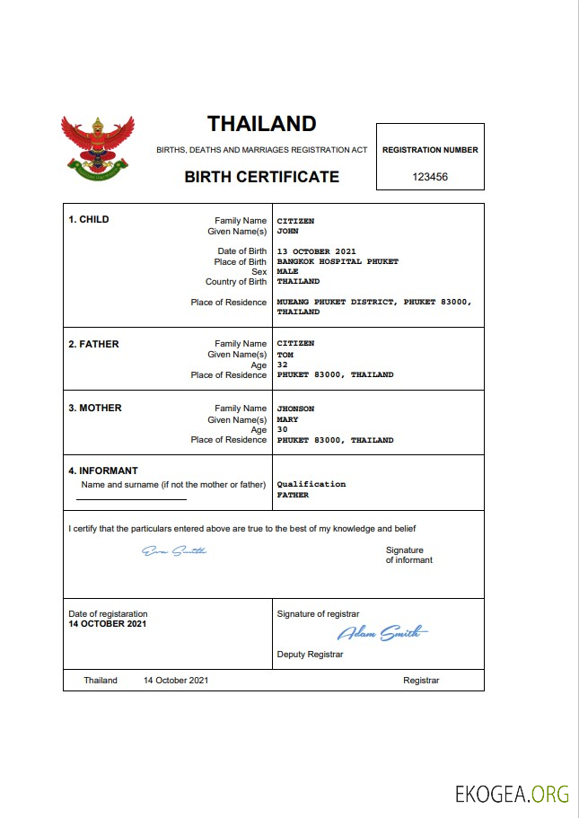 Modèle Word et PDF d'acte de naissance d'acte d'état civil en Thaïlande